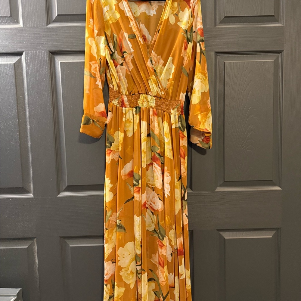 Long Sleeve Floral Dress in Orange and Cream